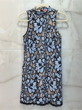 Plenty by Tracy Reese Floral Lace Overlay Mini Dress in Black and Light Blue